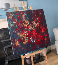 Load image into Gallery viewer, Bold abstract art in living room with blue walls