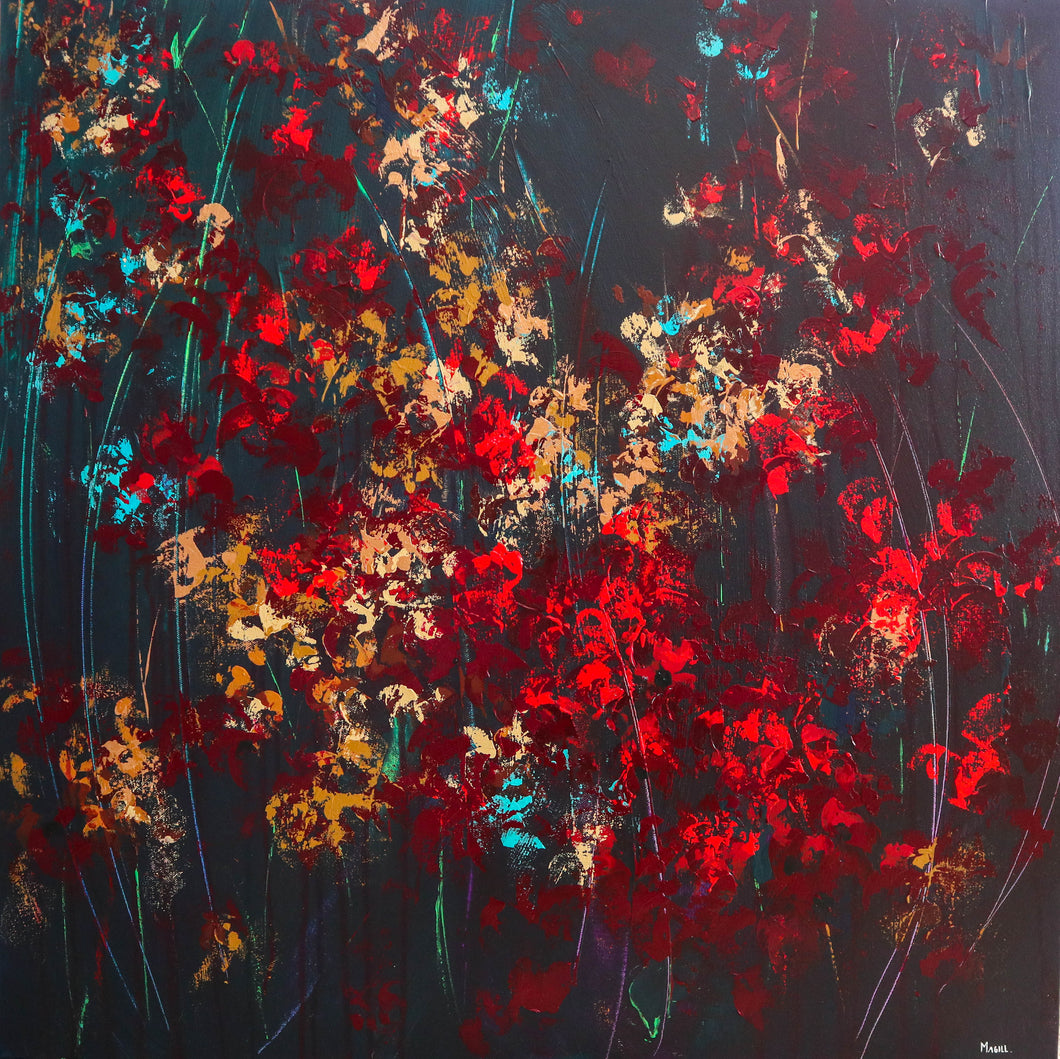 Bold statement abstract painting with rich red tones