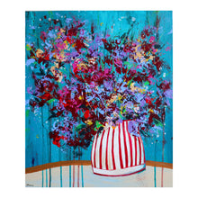 Load image into Gallery viewer, vibrant abstract floral painting with striped vase
