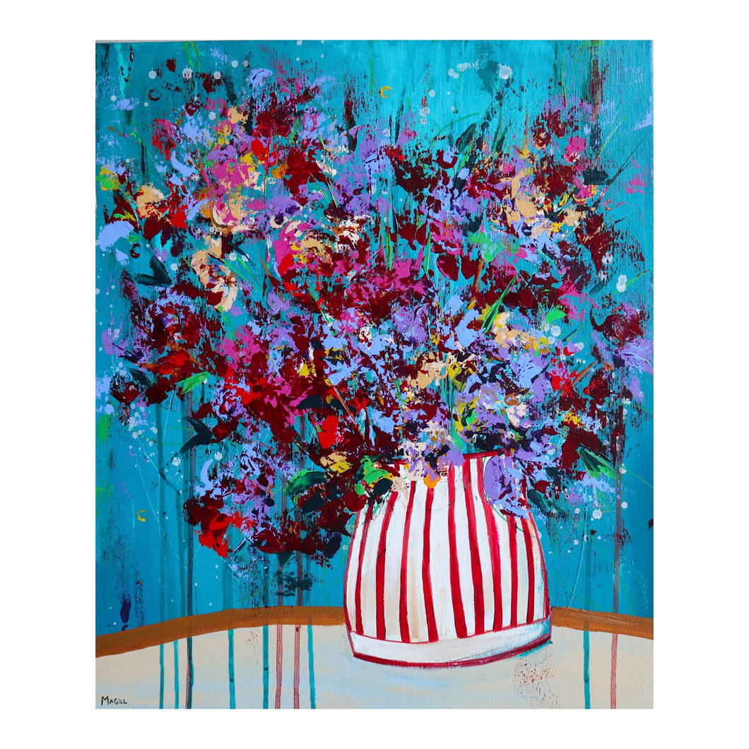 vibrant abstract floral painting with striped vase