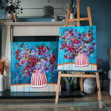 Load image into Gallery viewer, Vibrant abstract floral paintings in artist’s home studio 
