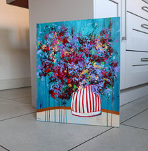 Load image into Gallery viewer, vibrant abstract floral painting with striped vase
