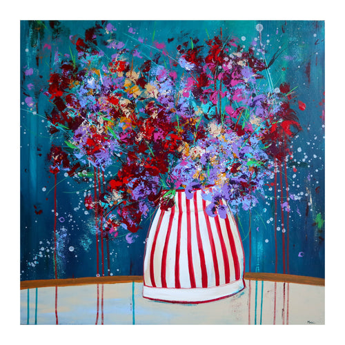 Large vibrant floral painting in striped vase