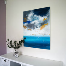 Load image into Gallery viewer, vibrant blue and gold seascape painting 
